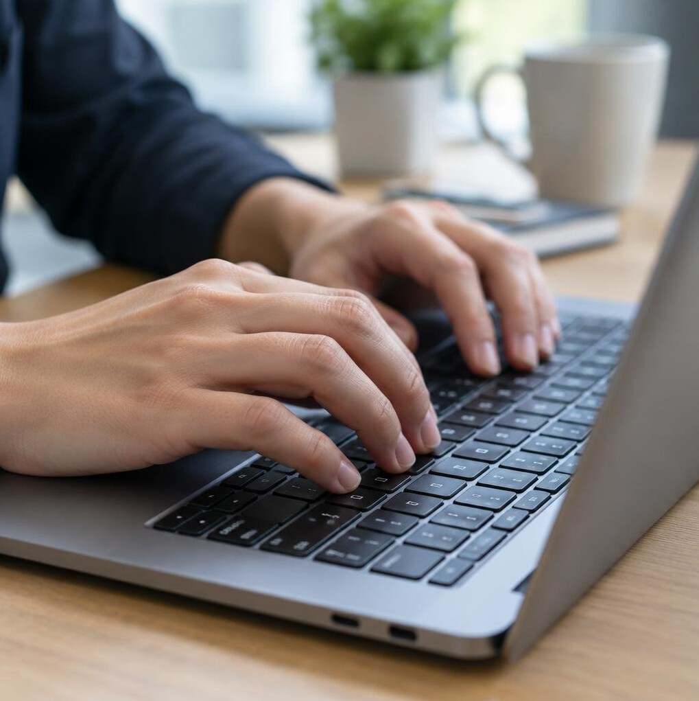 Close-up of hands typing on a laptop keyboard