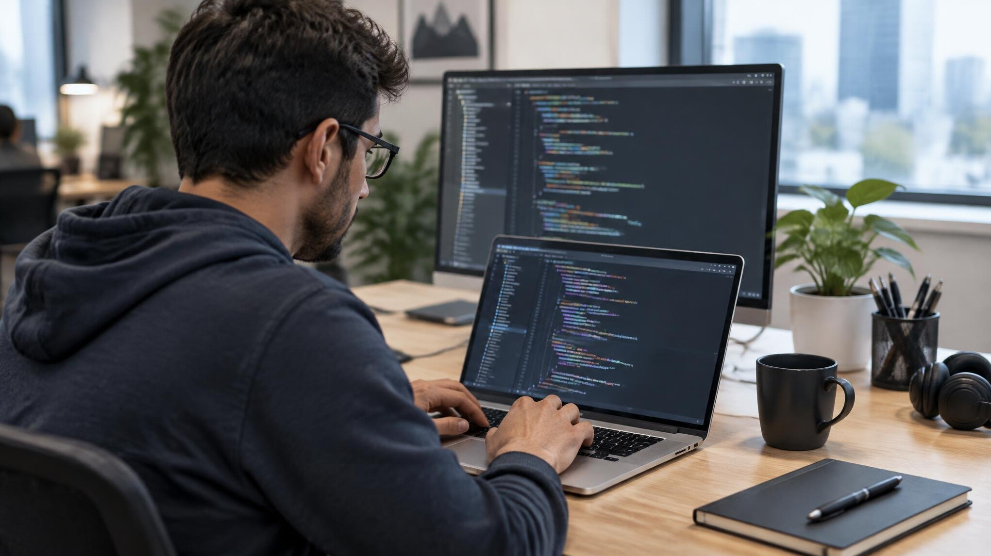 programmer writing code at desk